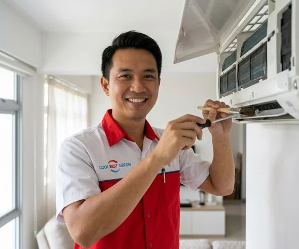 Billy Aircon technician servicing a wall-mounted split unit in a Singapore HDB flat