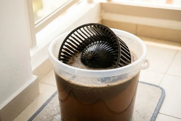 Aircon blower fan soaking in chemical cleaning solution
