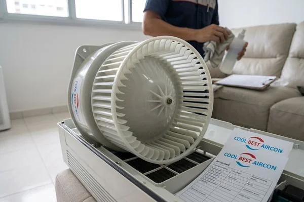 Clean aircon blower fan after chemical overhaul in Singapore condo