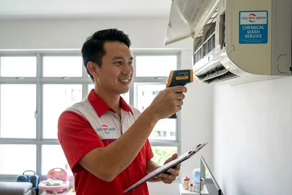 Billy Aircon technician testing aircon temperature output after chemical wash service
