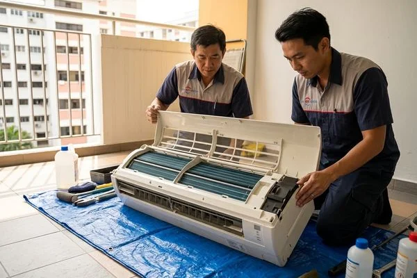 Billy Aircon technician dismantling aircon unit for chemical overhaul in Singapore HDB flat