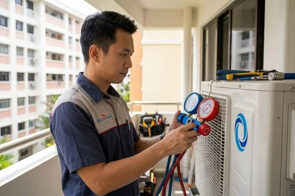 Billy Aircon technician using manifold gauge on outdoor compressor in Singapore