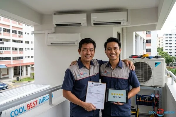 Billy Aircon technician completing Daikin System 4 installation in Singapore HDB living room