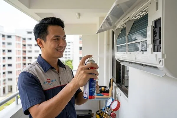 Billy Aircon technician applying anti-bacterial treatment to evaporator coil