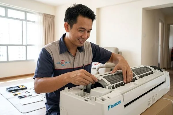 Technician reassembling aircon indoor unit after full-dismantle overhaul service