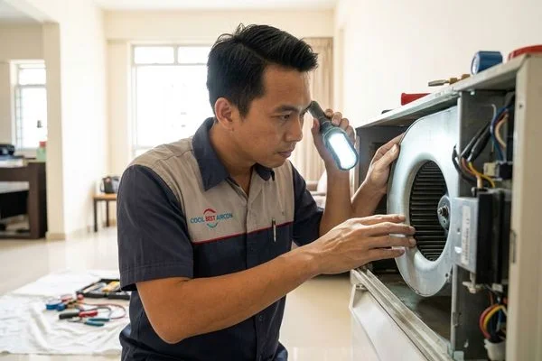 Billy Aircon technician inspecting blower fan for dirt causing noise in Singapore HDB