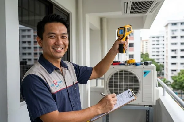 Billy Aircon technician measuring outlet temperature to diagnose aircon not cold issue