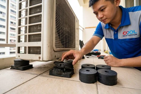 Replacing worn vibration dampeners on outdoor aircon compressor in Singapore