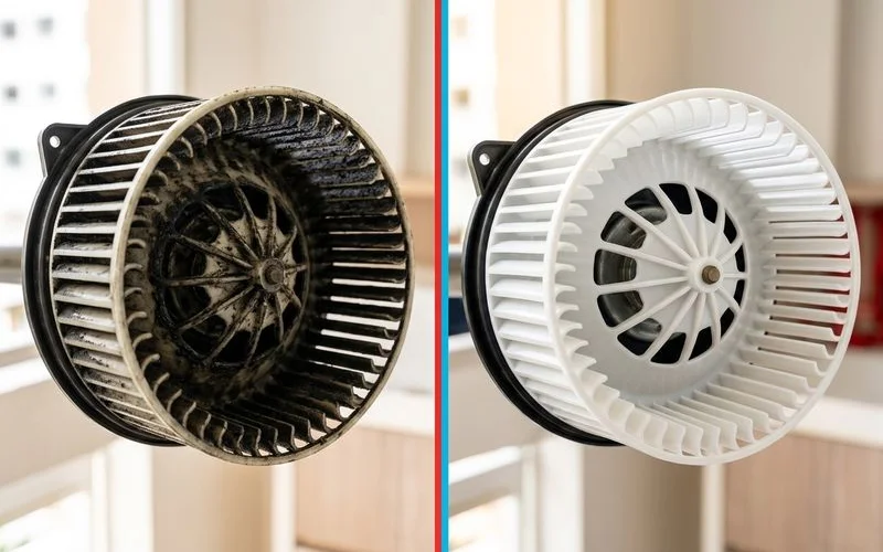 Before and after comparison of aircon blower wheel showing dramatic improvement after chemical wash