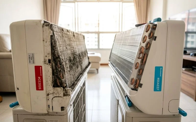 Clean versus dirty aircon evaporator coil comparison showing impact on cooling efficiency