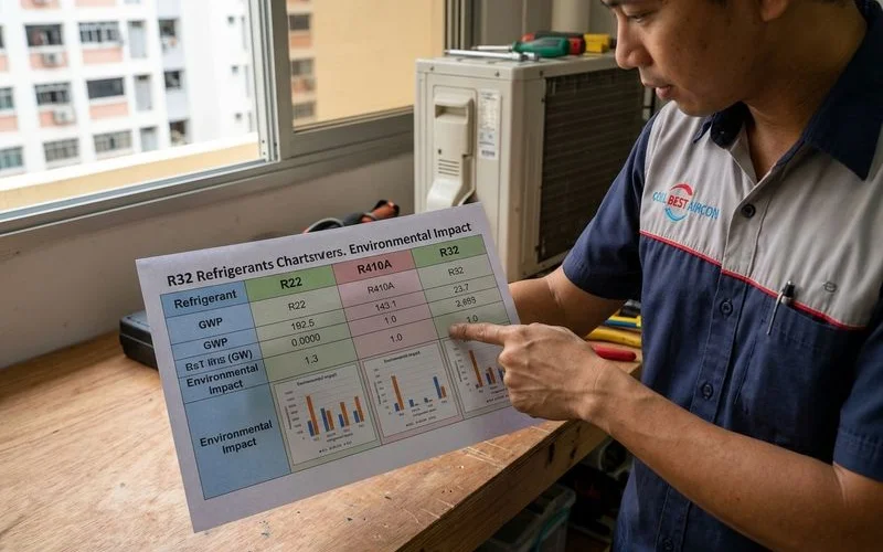 Environmental impact comparison chart of R22 R410A and R32 refrigerants showing GWP values