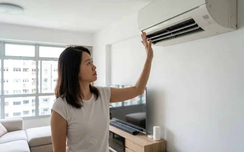 Homeowner checking weak airflow from aircon vents indicating reduced cooling performance
