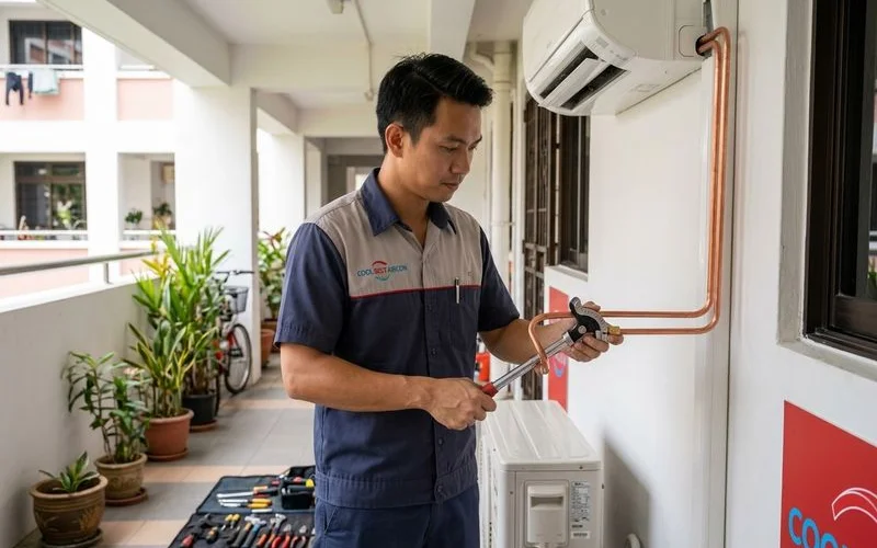Installation crew connecting copper refrigerant piping between indoor and outdoor aircon units