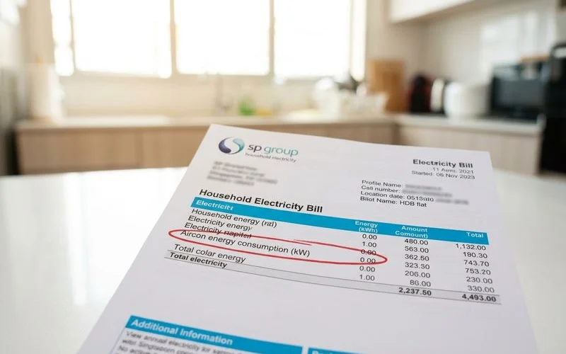 Singapore household SP Group electricity bill highlighting aircon consumption and potential savings