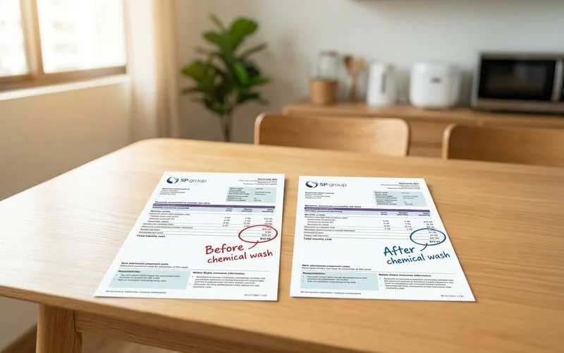 Electricity bill comparison showing monthly savings after professional aircon chemical wash