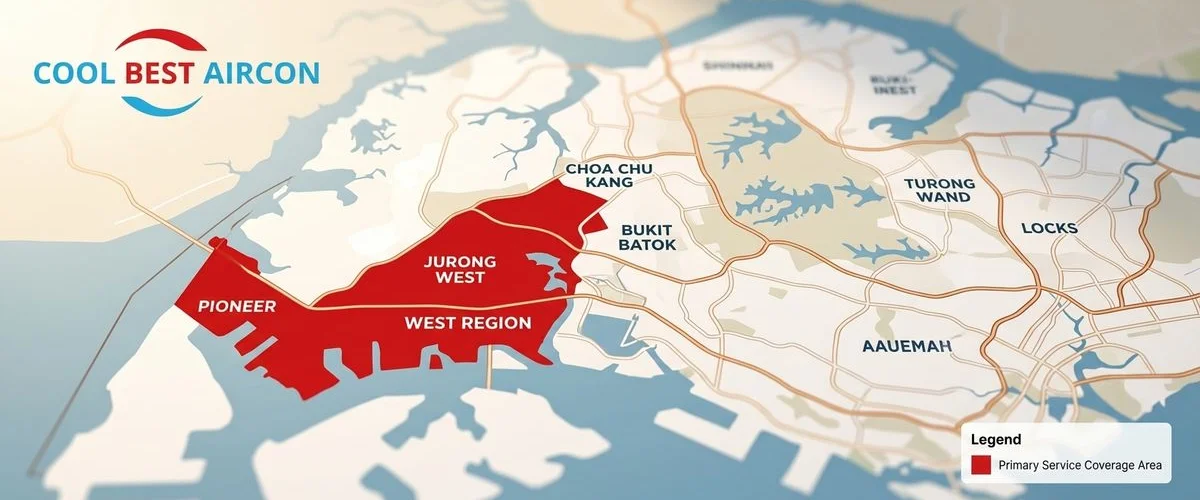 Map of Singapore showing Coolbest Aircon service coverage areas with West Region highlighted as primary coverage
